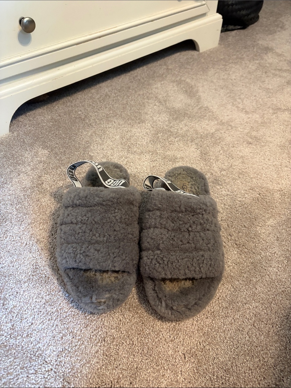 UGG Gray Fluffy Quilted Slide with Logo Backstrap